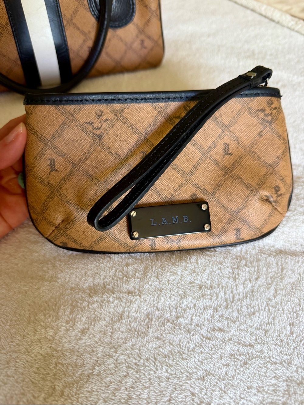 L.A.M.B. Tan Satchel with Black and White Stripe and Wristlet - Picture 4 of 4